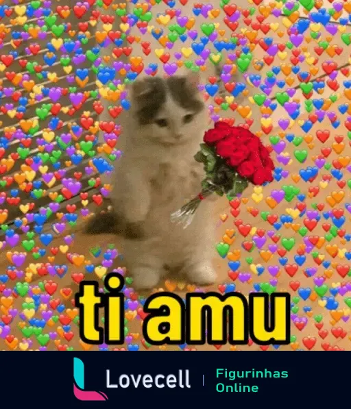 Gatinho fofo segurando buquê de rosas com fundo colorido de corações e texto 'ti amu'. Ideal para expressar amor e carinho.