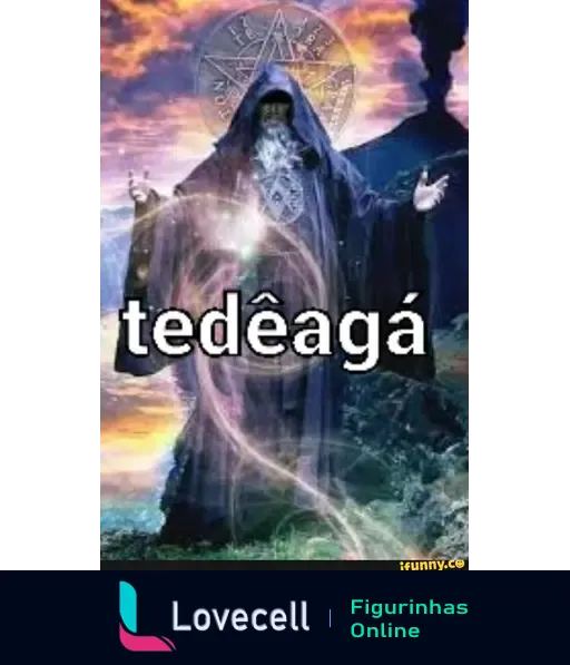 Imagem de um mago envolto em fumaça e energia mágica com a palavra 'tedêágá' em destaque. Representa um meme popular.