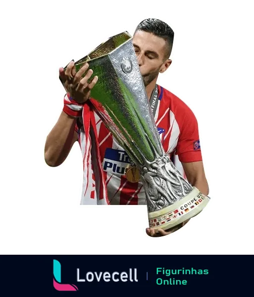 Jogador do Atlético de Madrid beijando a Copa da UEFA Europa League, vestindo uniforme listrado vermelho e branco, com medalha de campeão