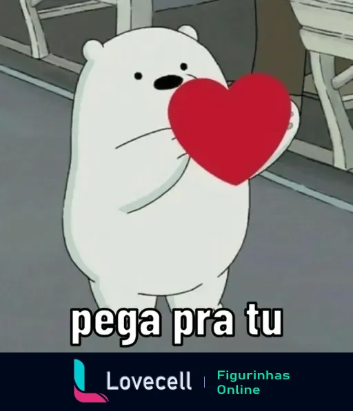 Urso polar animado segurando um coração vermelho com a frase 'pega pra tu', perfeito para o Dia dos Namorados.