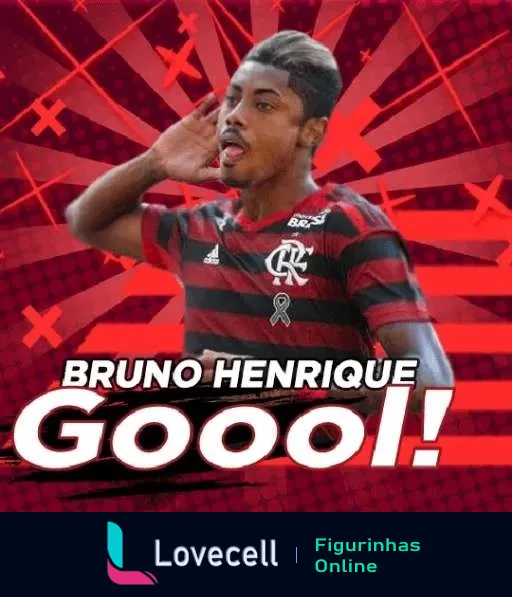 Figurinha do Bruno Henrique do Flamengo comemorando gol, fundo vermelho com linhas diagonais e logo do Flamengo, texto 'Goooool!' destacado