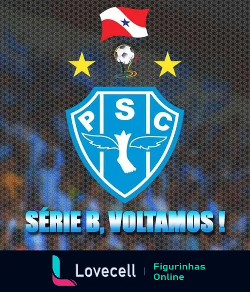 Figurinha do Paysandu Sport Club com escudo, pomba branca, estrelas douradas, bandeira do Pará e bola de futebol, celebrando o retorno à Série B