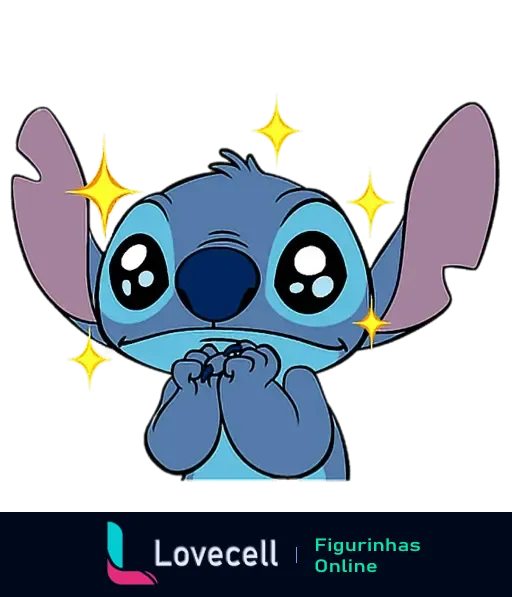 Stitch, personagem azul de orelhas grandes, com expressão encantada e olhos brilhando, rodeado por estrelas amarelas.