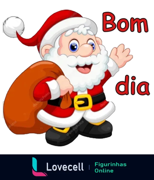 Figurinha de 'Bom dia' com Papai Noel sorridente e acenando, vestido com traje vermelho, segurando um saco de presentes