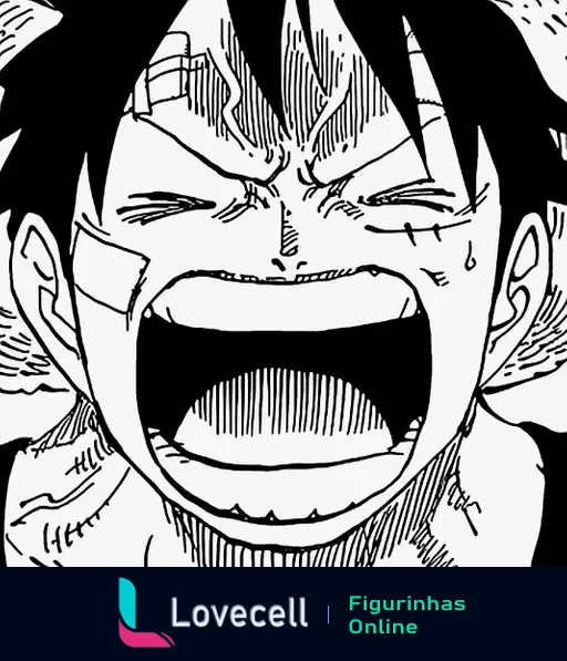 Desenho em preto e branco de Luffy, personagem de One Piece, gritando com expressão intensa, destacando sua emoção forte.