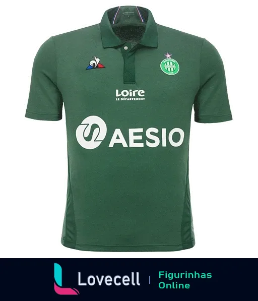 Figurinha de camisa polo do Saint-Étienne, verde com emblema do clube, patrocínios AESIO e Loire, e logo da Le Coq Sportif