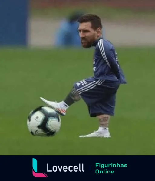 Montagem engraçada de Messi com corpo pequeno equilibrando bola no treino de futebol