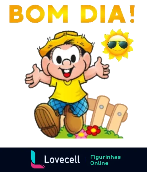 Figurinha de bom dia com personagem de desenho animado loiro de boné amarelo, camiseta amarela, e sapatos marrons, sorrindo com braços abertos, cerca e flores ao fundo, sol sorridente com óculos ao lado da palavra 'BOM DIA!'