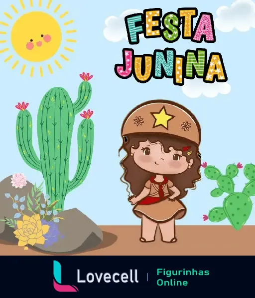 Figurinha de Festa Junina com personagem vestida de caipira e cactos no fundo