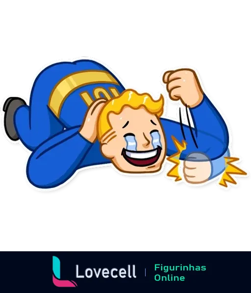 Figurinha Fallout Vault Boy rindo intensamente enquanto bate no chão com o punho fechado, uniforme azul com número 101.