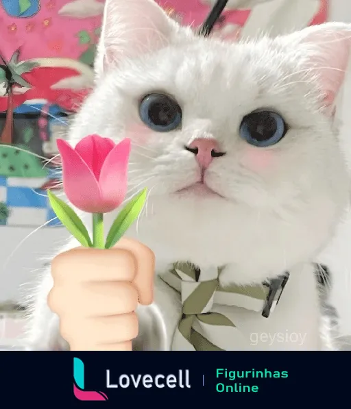 Um gato de olhos grandes e expressivos, com bochechas rosadas, segurando uma tulipa cor-de-rosa. Cenário de Amor com cores vibrantes ao fundo.