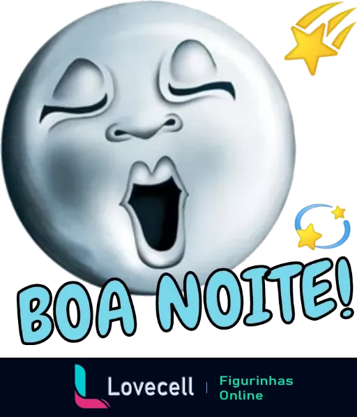 Figurinha de 'Boa Noite' com lua bocejando e olhos fechados, brilho metálico e detalhes em azul, ideal para cumprimento noturno