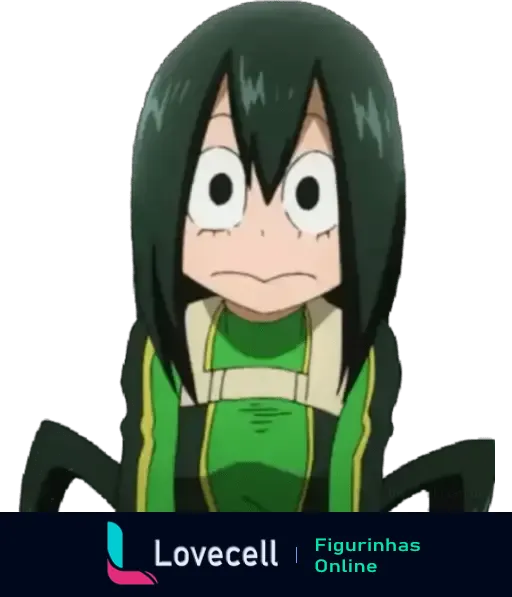 Tsuyu Asui, personagem de Boku No Hero Academia, olha surpreendida com seus grandes olhos, vestindo seu traje verde de heroína.