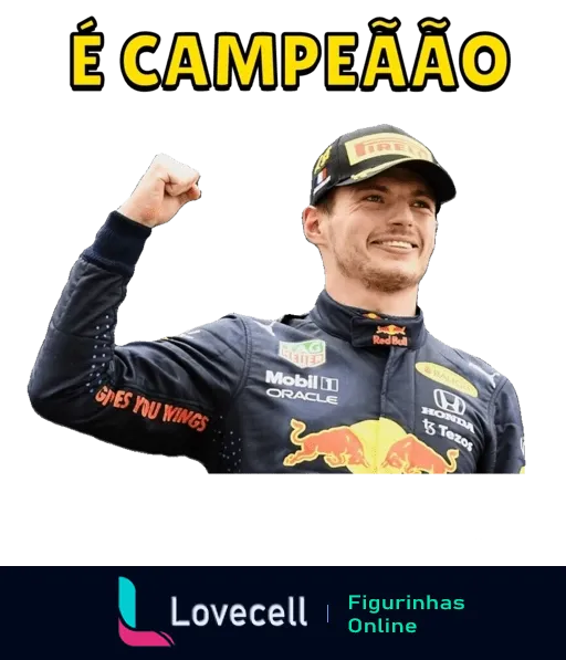 Max Verstappen comemorando vitória, vestido com macacão da Red Bull Racing e levantando o braço, com texto 'É CAMPEÃO' na parte superior