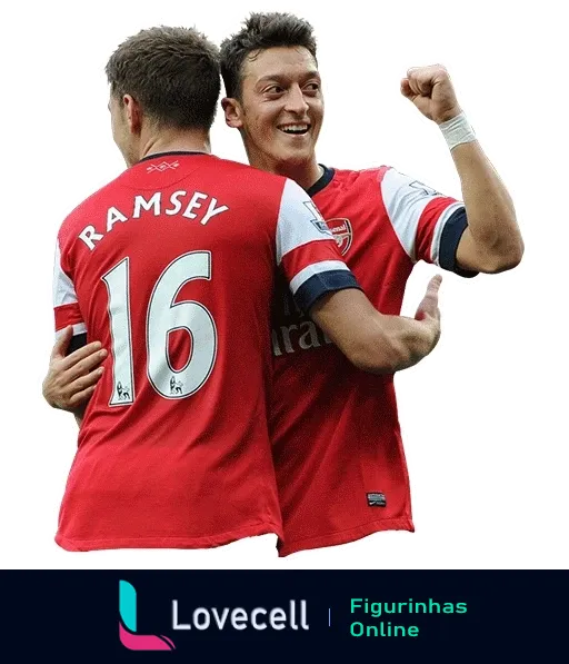 Figurinha do Ramsey e Özil do Arsenal celebrando, com Ramsey de costas e número 16 e Özil mostrando punho fechado em vitória, ambos em uniforme vermelho e branco