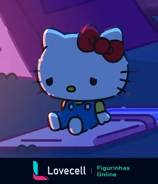 Imagem triste da Hello Kitty sentada no chão, com fundos escuros, da pasta Kuromi e Hello Kitty. Ela veste macacão azul e camisa amarela.