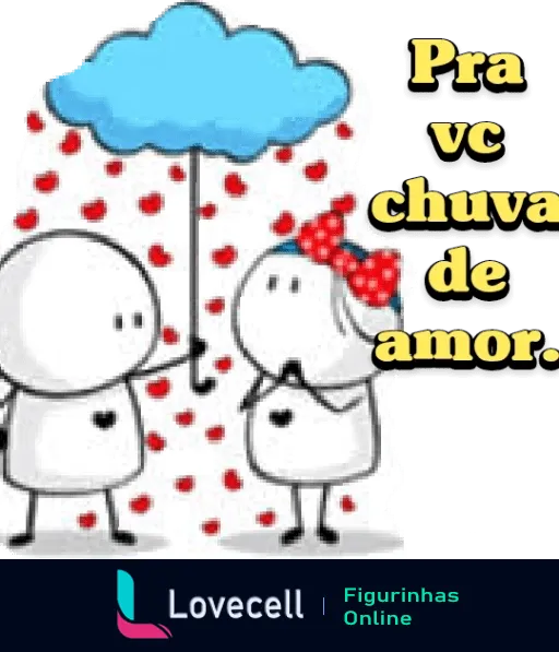 Dois personagens, um masculino com gravata e outro feminino com laço, sob guarda-chuva compartilhado na chuva de corações vermelhos e texto 'Pra vc chuva de amor'