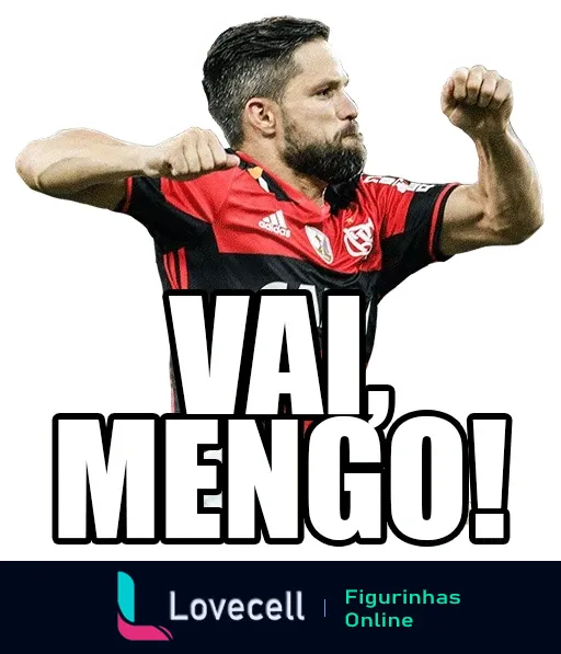 Jogador do Flamengo celebrando gol com braços erguidos e uniforme Adidas, texto 'Vai Mengão!' destacado