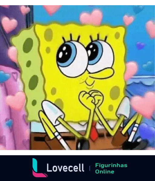 Imagem do personagem Bob Esponja Calça Quadrada com olhos brilhantes, rodeado de corações cor-de-rosa, demonstrando carinho e amor.