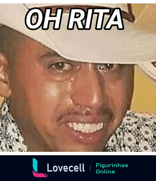 Homem com chapéu é mostrado chorando com a legenda 'OH RITA', figurinha da pasta MEMES DE INDIRETAS E REAÇÃO.