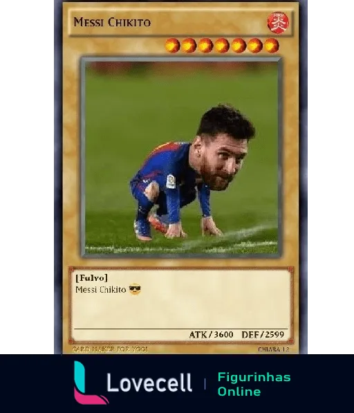 Figurinha de Lionel Messi agachado estilo carta de Yu-Gi-Oh com ATK 3600 e DEF 2599, ícones de energia no canto superior direito