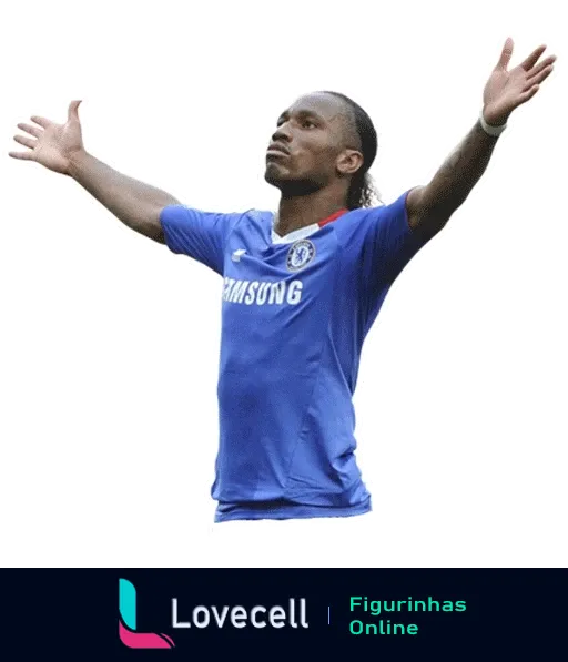 Jogador do Chelsea comemorando gol com braços abertos e olhando para cima, vestindo uniforme azul com logo da Samsung