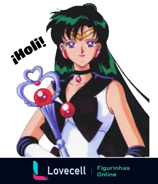 Figurinha da Sailor Pluto, personagem do anime Sailor Moon, saudando com 'Hi!' no canto superior esquerdo da imagem.