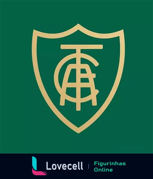 Escudo do América MG em fundo verde, com contorno dourado, apresentando as letras 'A', 'M' e 'G' estilizadas dentro de um escudo.