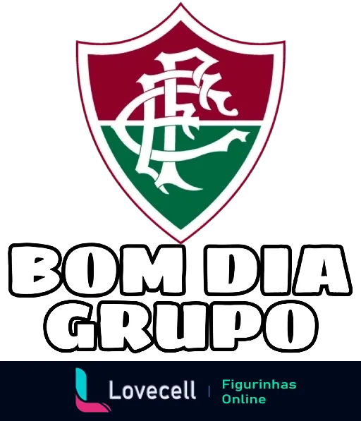 Figurinha de 'Bom Dia Grupo' com emblema do Fluminense Football Club sobre fundo listrado em vermelho