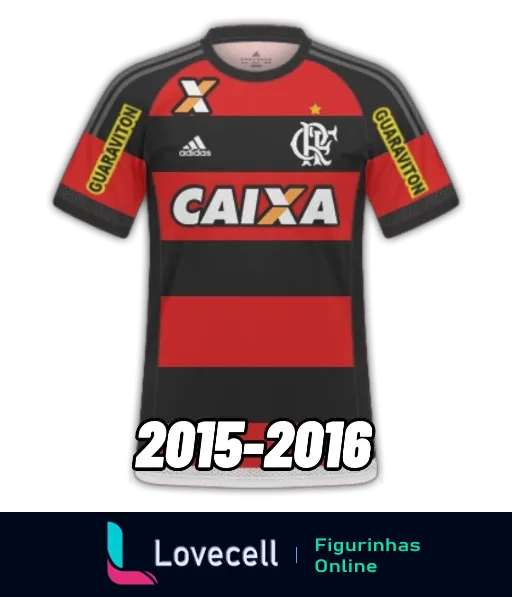 Figurinha da camisa do Flamengo 2015-2016, preta e vermelha com logotipos da Adidas, Caixa, Guaraviton e escudo do clube