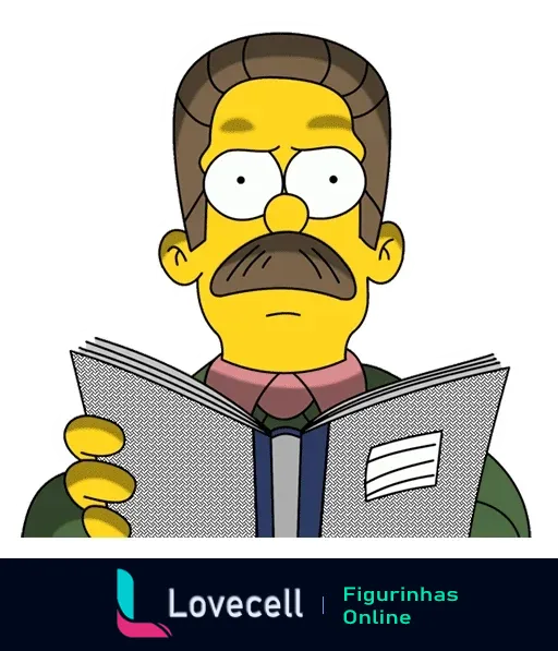 Ned Flanders dos Simpsons, de camisa verde e gravata rosa, lendo um livro com expressão concentrada