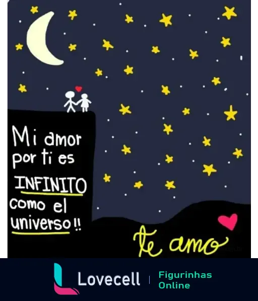 Ilustração romântica em espanhol: 'Mi amor por ti es infinito como el universo'. Desenho de casal e estrelas amarelas no céu noturno.