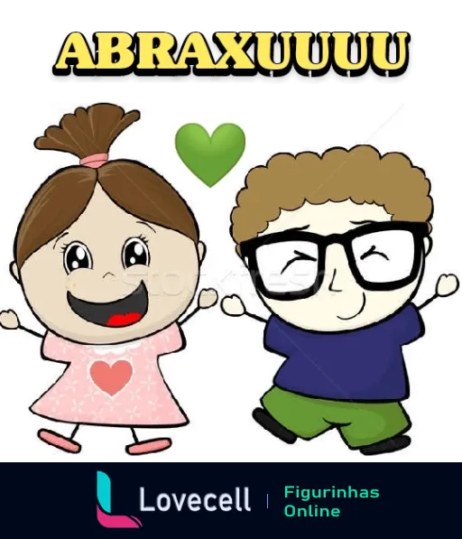 Figurinha de dois personagens de desenho animado se abraçando alegremente, personagem feminino com roupa rosa e coração, masculino de verde e roxo, com texto 'ABRAXUUUU' e coração verde acima