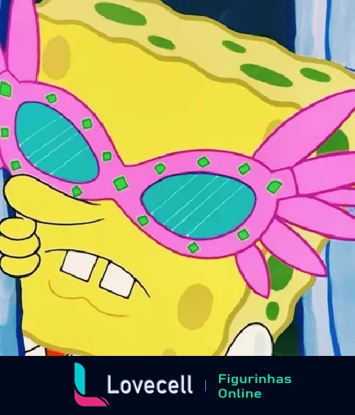 Bob Esponja usando óculos de sol rosa vibrante e com pedras verdes, exibindo atitude despreocupada e descolada.