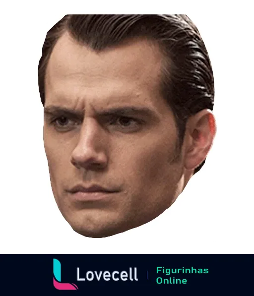 Figurinha de Henry Cavill com expressão séria, cabelo escuro penteado para trás, em ambiente interno focado e intenso