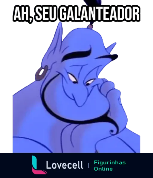 Figurinha de um personagem azul animado com expressão de flerte e a frase 'Ah, seu galanteador', representando sarcasmo e deboche.