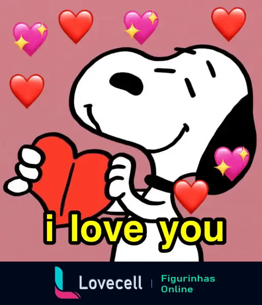 Imagem do personagem Snoopy segurando um coração vermelho e cercado por vários corações em um fundo rosa. Texto visível na figura diz 'I love you' em amarelo na parte inferior. Título: 'I love you', tags: 'amor, fofo, te amo'.