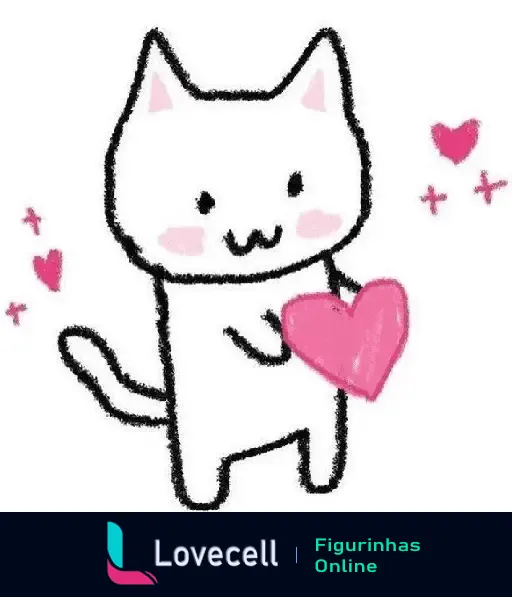 Desenho de um gatinho branco segurando um coração rosa com uma expressão fofa. Ao redor, há corações menores e estrelas. Imagem representa amor e carinho.