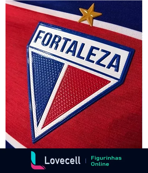 Figurinha do escudo do Fortaleza Esporte Clube, com design triangular estilizado em azul, vermelho e branco, incluindo a palavra 'Fortaleza' e uma estrela dourada na parte superior