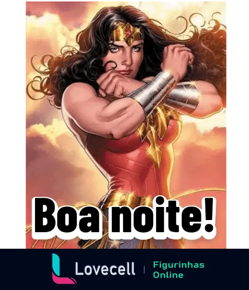 Figurinha da Mulher Maravilha dizendo 'Boa Noite' com pose poderosa e expressão determinada, fundo vibrante destacando as cores da personagem