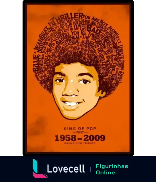 Ilustração de Michael Jackson jovem com cabelo afro, palavras como 'Thriller' e 'Bad' no cabelo e texto 'King of Pop 1958-2009'.