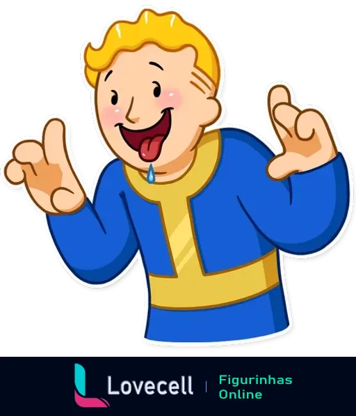 Fallout Vault Boy animado com linguinha para fora e expressão divertida. Personagem famoso de jogo Fallout em roupa azul e dourada.