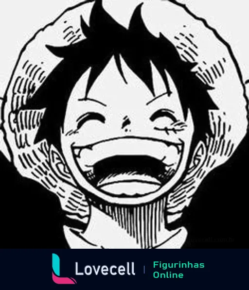 Figurinha de Luffy sorrindo feliz, personagem de One Piece, com um grande sorriso e chapéu de palha, destacando sua alegria e personalidade animada.