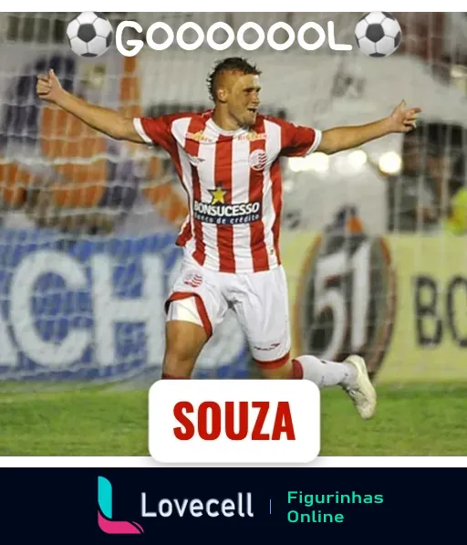 Jogador de futebol Souza comemorando gol pelo Náutico, vestido com uniforme listrado vermelho e branco, braços abertos, nome SOUZA e GOOOOOOL destacados, ícones de bola nos cantos superiores