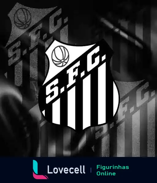 Figurinha do escudo do Santos Futebol Clube em preto e branco com iniciais S.F.C. e fundo de linhas e formas geométricas