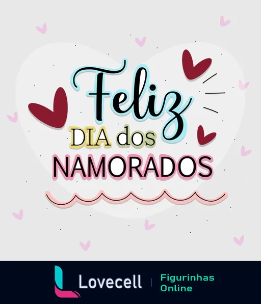 Figurinha com a frase 'Feliz Dia dos Namorados' em tipografia moderna e cores vibrantes, destacando um grande coração branco com contorno no centro, cercado por pequenos corações e linhas iluminadas, sobre fundo claro com detalhes em coração