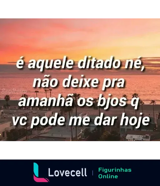 Figurinha com pôr do sol e palmeiras ao fundo e texto central em preto: 'é aquele ditado né, não deixe pra amanhã os bjos q vc pode me dar hoje', expressando uma mensagem romântica.