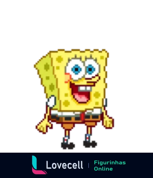 Figurinha de Bob Esponja pixelado sorridente com camisa branca, gravata vermelha, calças marrons e sapatos pretos