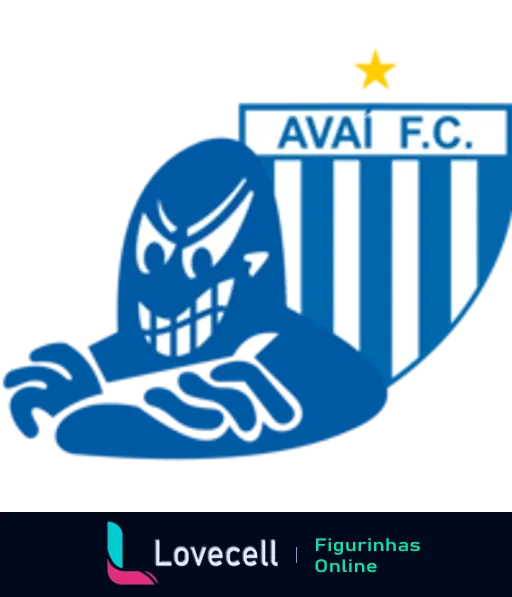 Escudo do Avaí Futebol Clube com listras azuis e brancas, estrela dourada no topo e mascote azul com expressão feroz