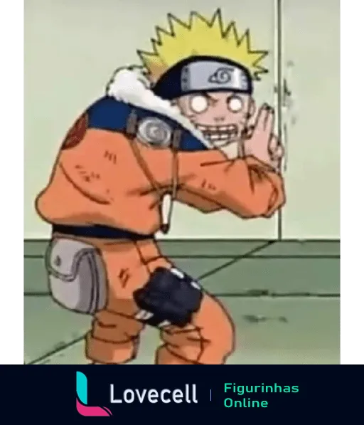 Naruto Uzumaki agachado espiando por uma porta entreaberta, com expressão engraçada e tensa